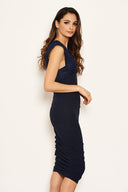 Navy V Neck Lace Ruched Tie Detailed Dress