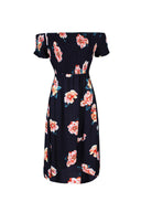 Navy Off the shoulder Elasticated Floral Dress