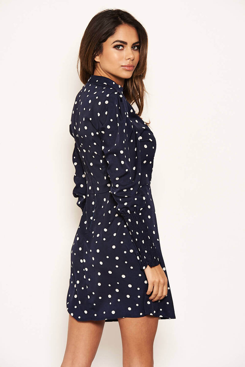 Navy Polka Dot High Neck Dress