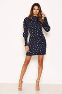 Navy Polka Dot High Neck Dress