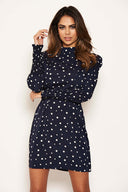 Navy Polka Dot High Neck Dress