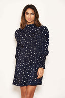 Navy Polka Dot High Neck Dress