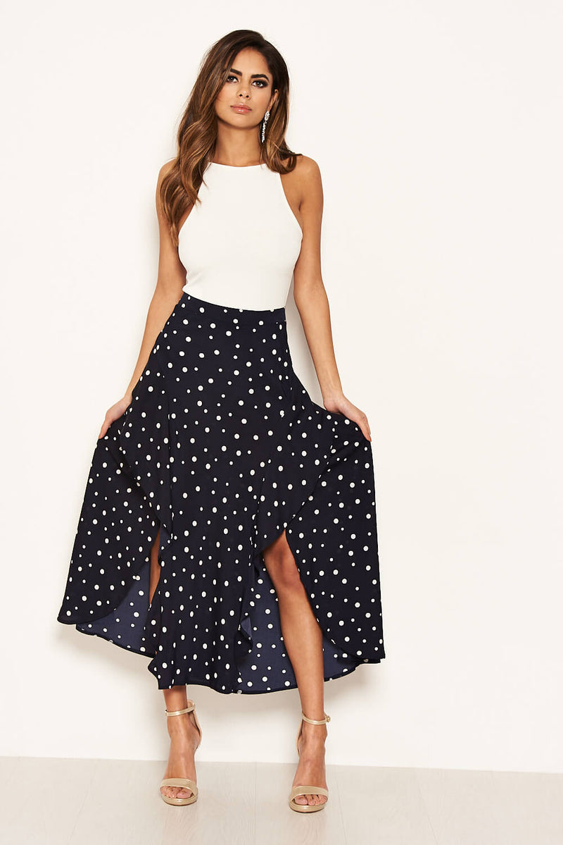 Navy Polka Dot Wrap Style Skirt