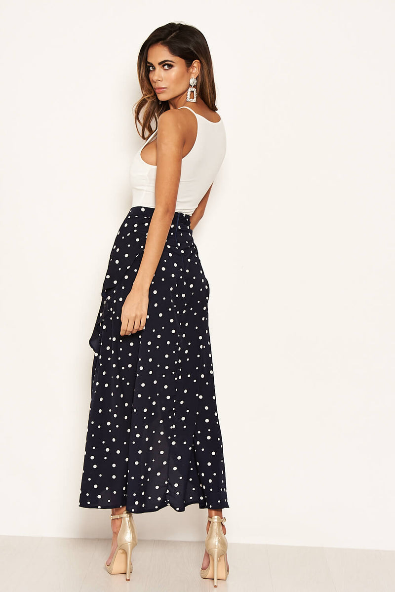 Navy Polka Dot Wrap Style Skirt