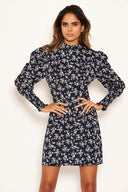 Navy Ditsy Floral Puff Sleeve Skater Dress