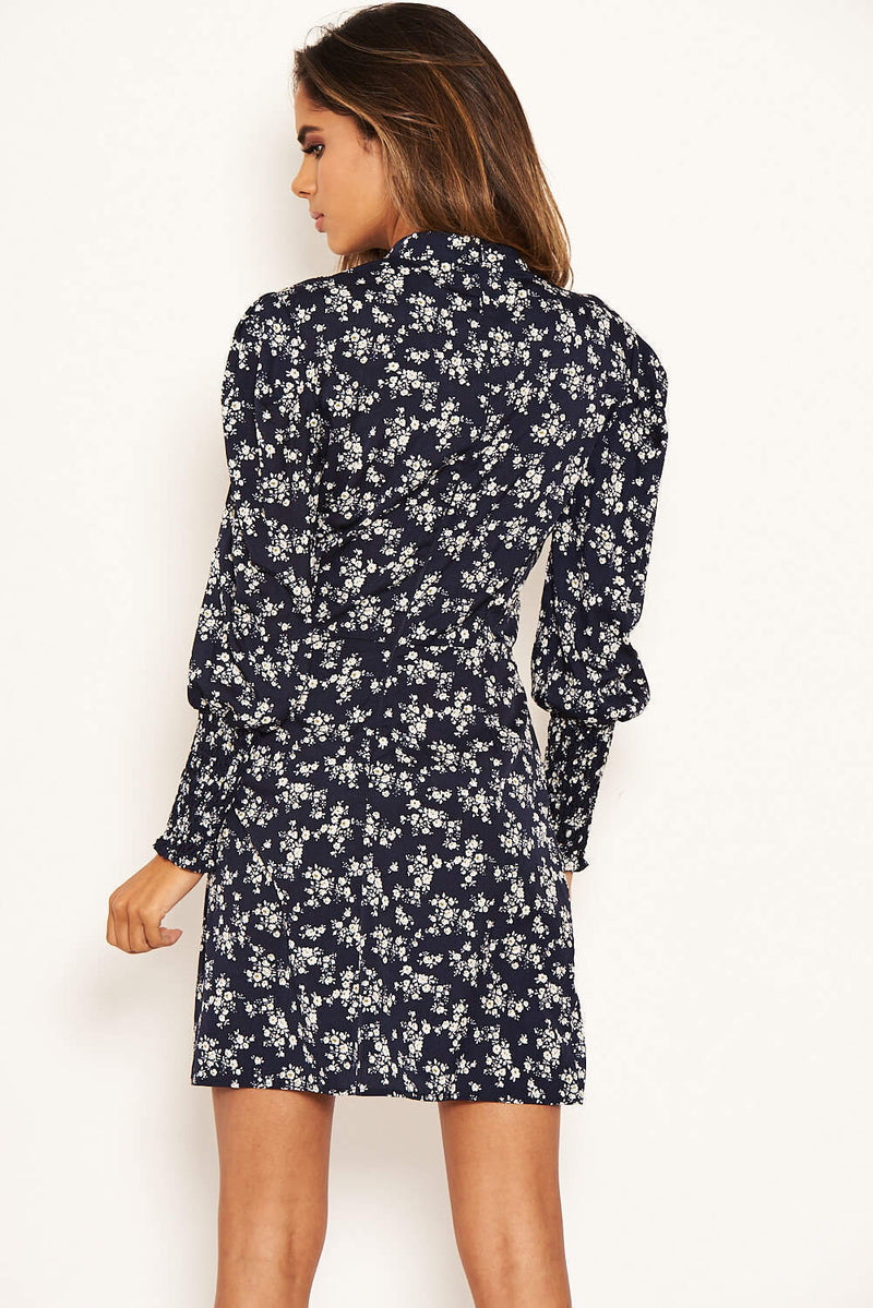 Navy Ditsy Floral Puff Sleeve Skater Dress