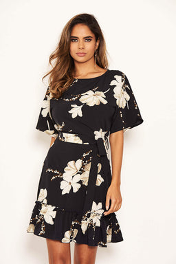 Navy Floral Frill Hem Dress