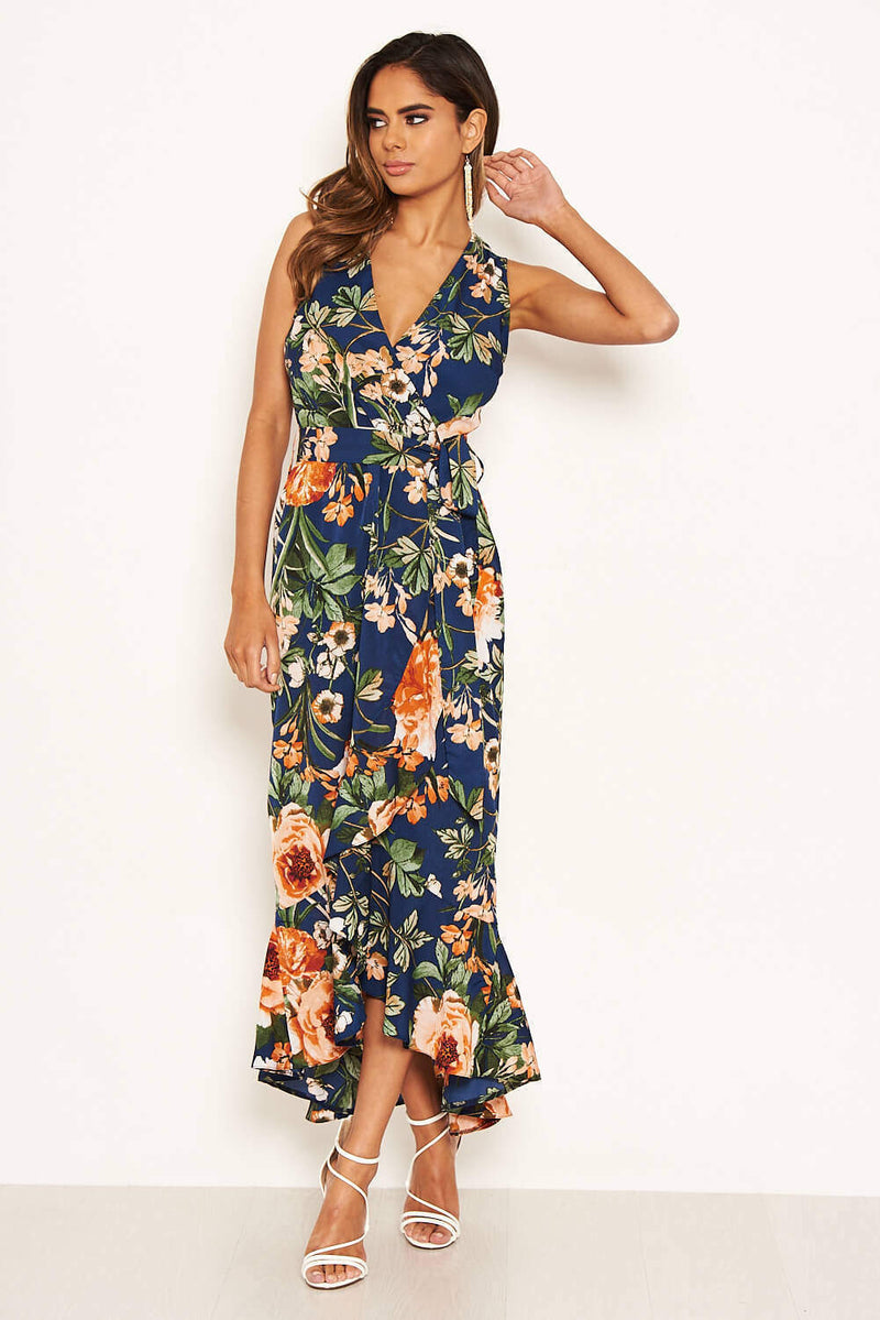 Navy Floral Wrap Midi Dress