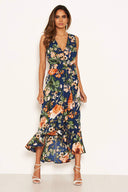 Navy Floral Wrap Midi Dress