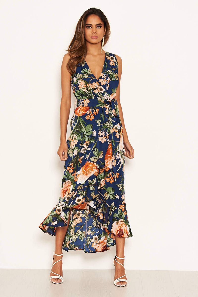 Navy Floral Wrap Midi Dress