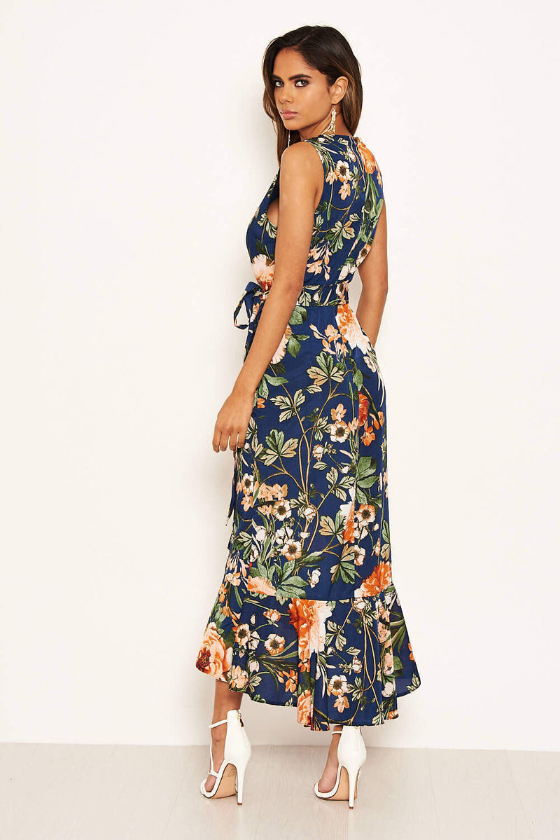 Navy Floral Wrap Midi Dress