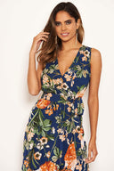 Navy Floral Wrap Midi Dress