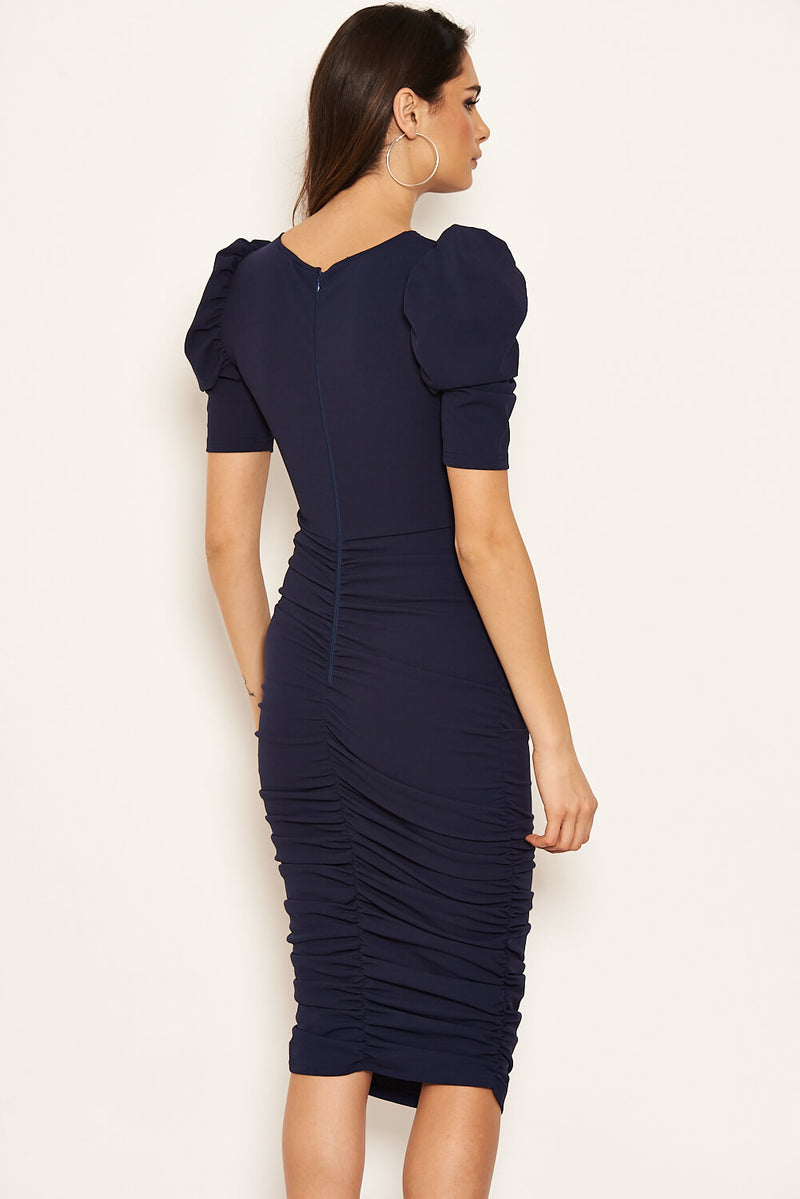 Navy Ruched Short Puff Sleeve Midi Dress