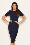 Navy Ruched Short Puff Sleeve Midi Dress