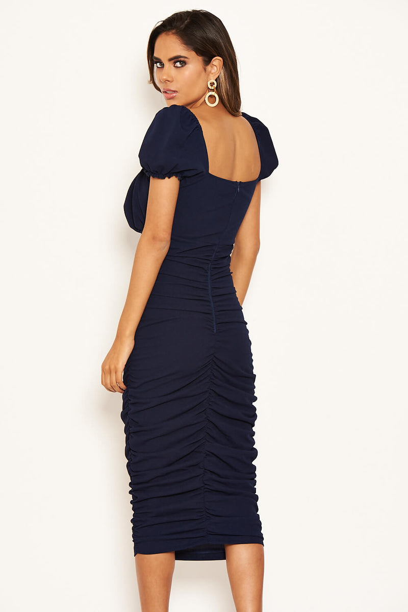 Navy Puff Sleeve Ruched Bodycon Midi Dress