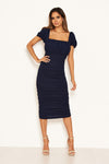 Navy Puff Sleeve Ruched Bodycon Midi Dress