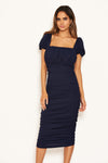 Navy Puff Sleeve Ruched Bodycon Midi Dress