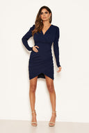 Navy Long Puff Sleeved Ruched Wrap Dress