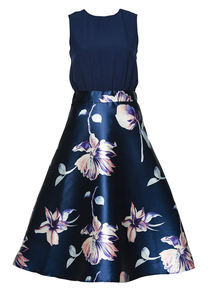 Navy Floral 2 in 1 Midi Skater Dress AX Paris