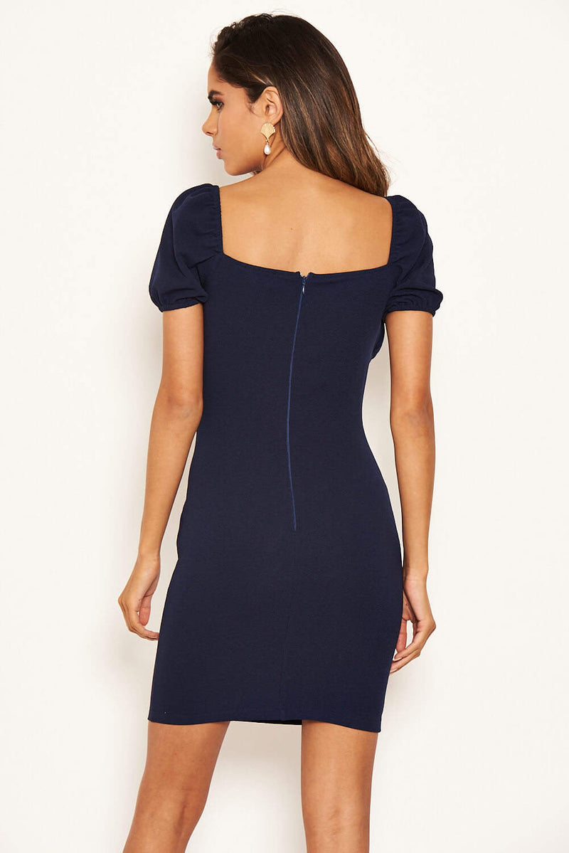 Navy Square Neck Ruched Bodycon Mini Dress