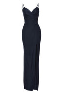 Slinky Navy Maxi Dress with Wrap Front V Neck