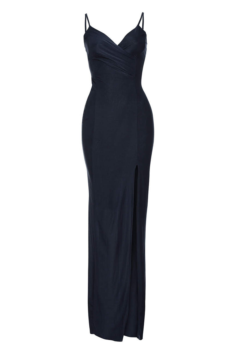 Slinky Navy Maxi Dress with Wrap Front V Neck