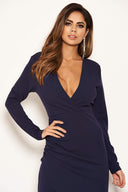 Navy Wrap Bodycon Ruched Dress