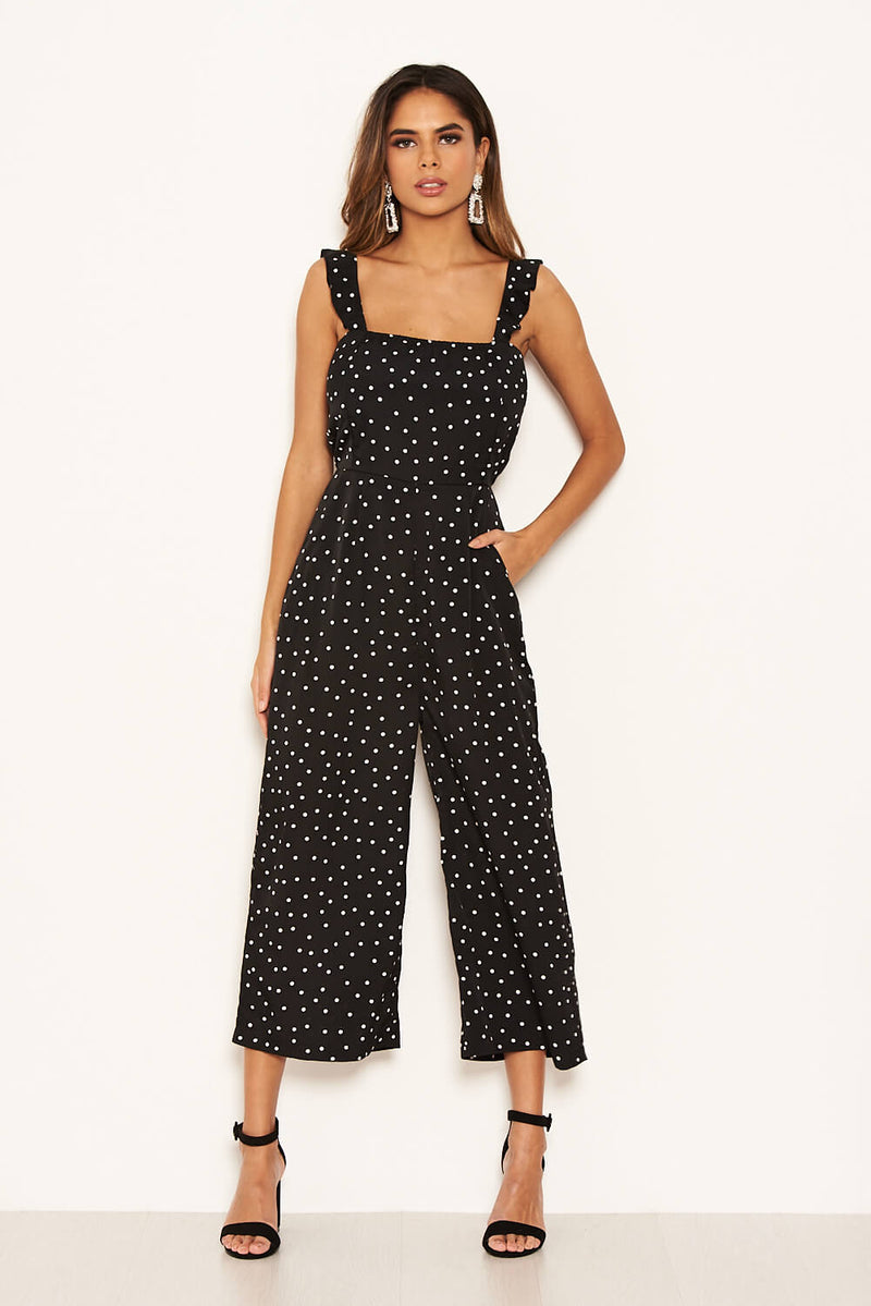 Black Polka Dot Frill Culotte Jumpsuit