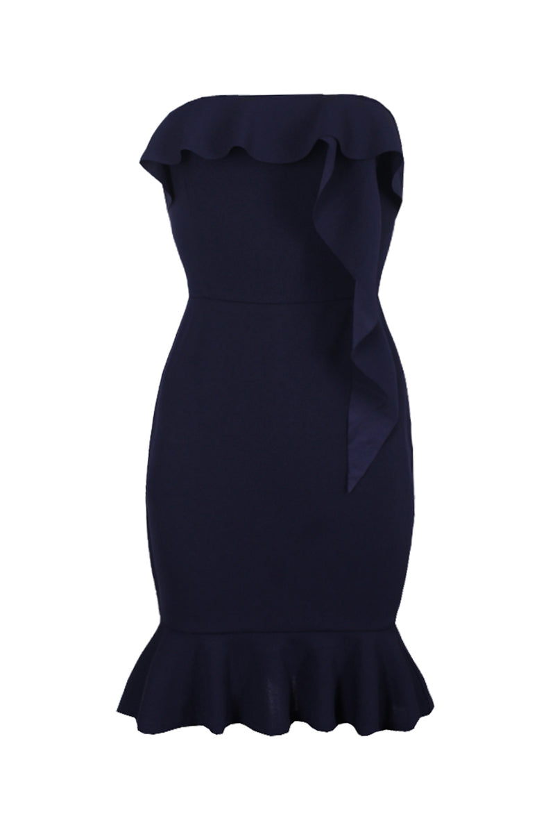 Navy Bandeau Frill Detail Mini Dress