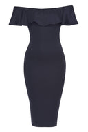 Navy Bardot Bodycon Dress With Ruffle Detail