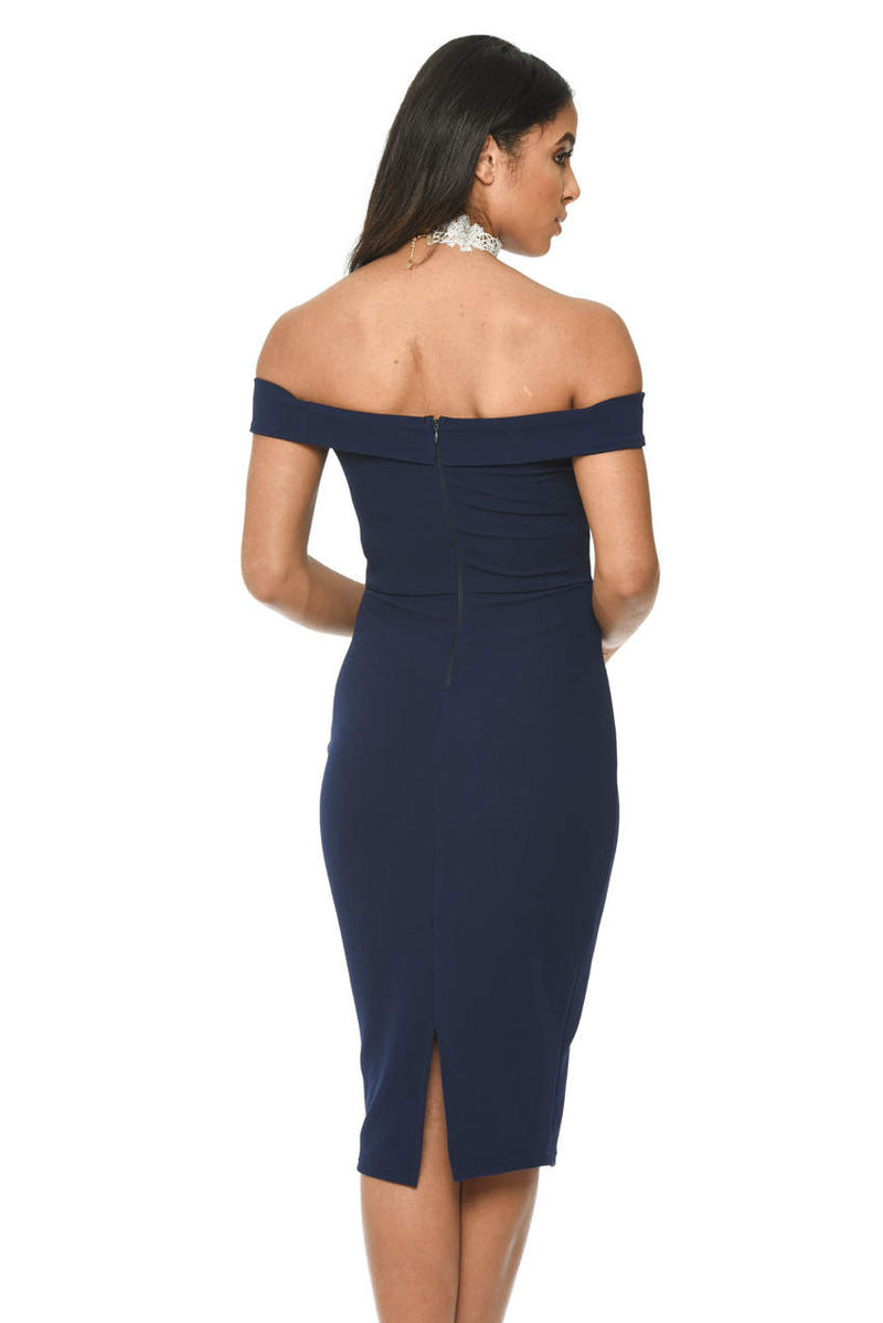 Shape navy ruched clearance bardot bodycon dress