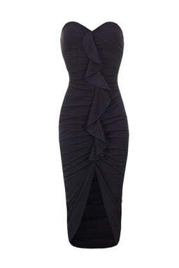Navy Bardot Frill Detail Midi Dress