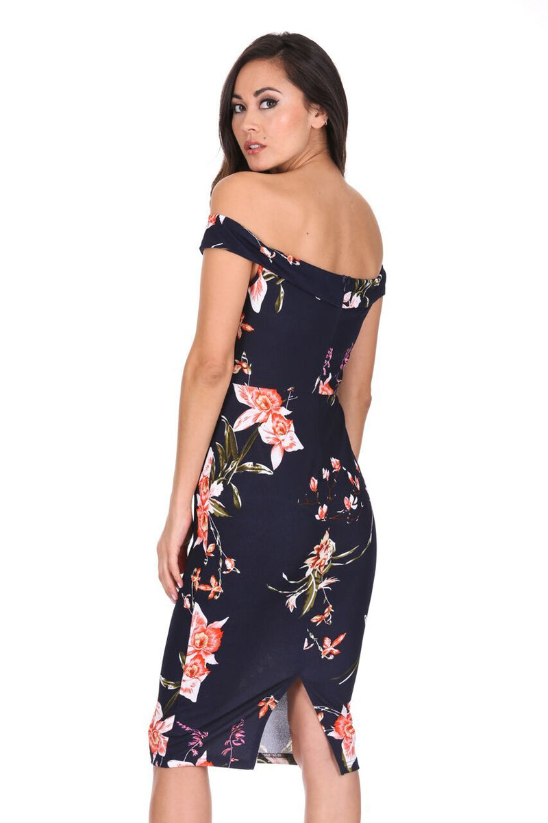 Navy Bardot Notch Front Floral Midi dress AX Paris