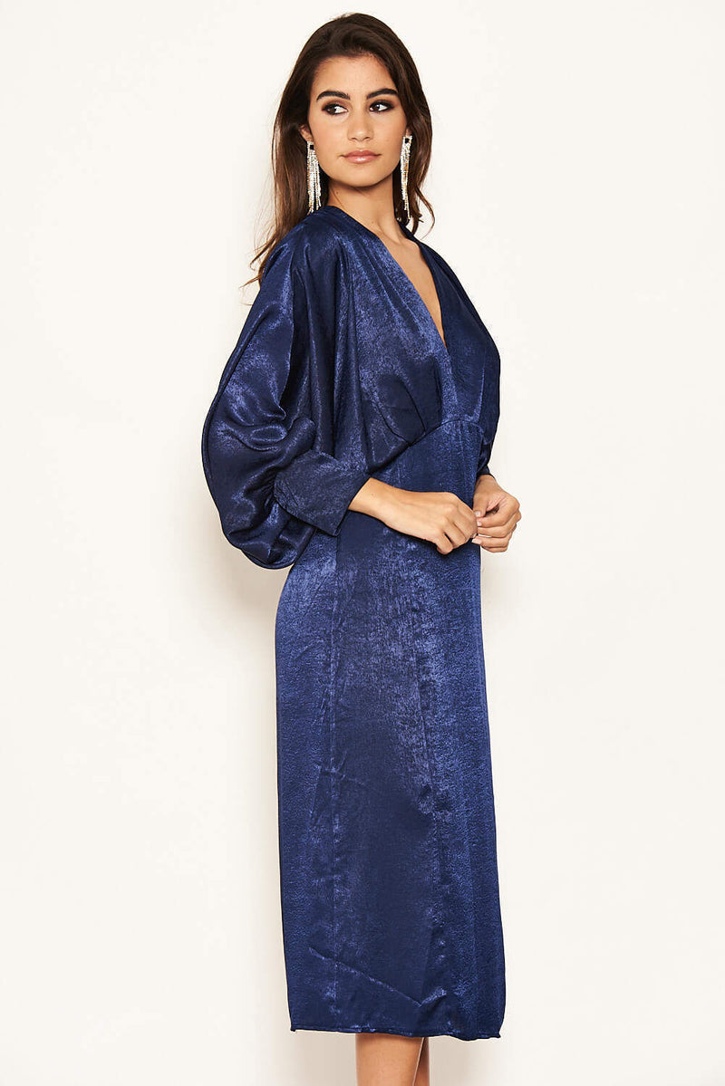 Navy Bat Wing V Neck Midi Dress