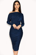 Navy Boat Neck Dress With Ruched Detail