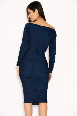 Navy Boat Neck Dress With Ruched Detail