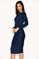 Navy Boat Neck Dress With Ruched Detail