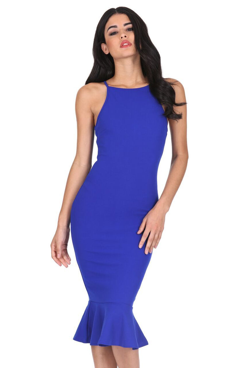 Blue Bodycon Midi Dress With Frill Hem