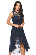 Navy Chiffon High-low Dress With Lace Neckline