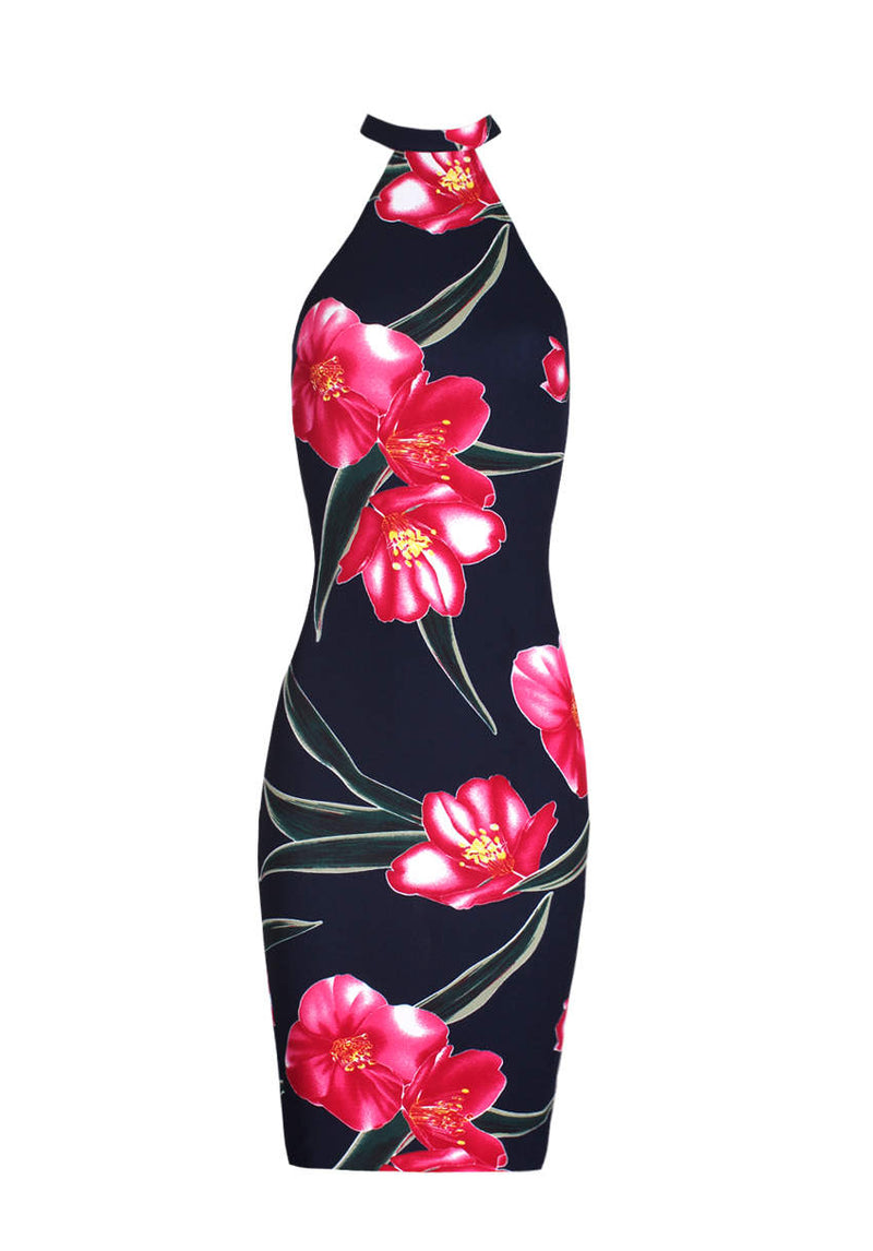Navy Choker Neck Floral Print Midi Dress