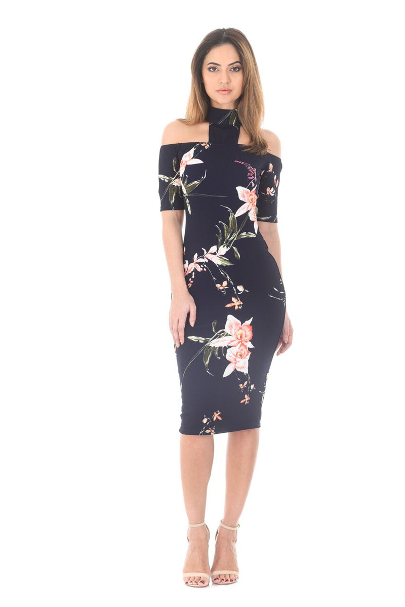 Navy Choker T-bar Floral Printed Midi Dress