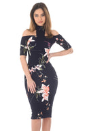 Navy Choker T-bar Floral Printed Midi Dress