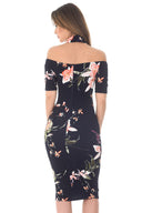 Navy Choker T-bar Floral Printed Midi Dress