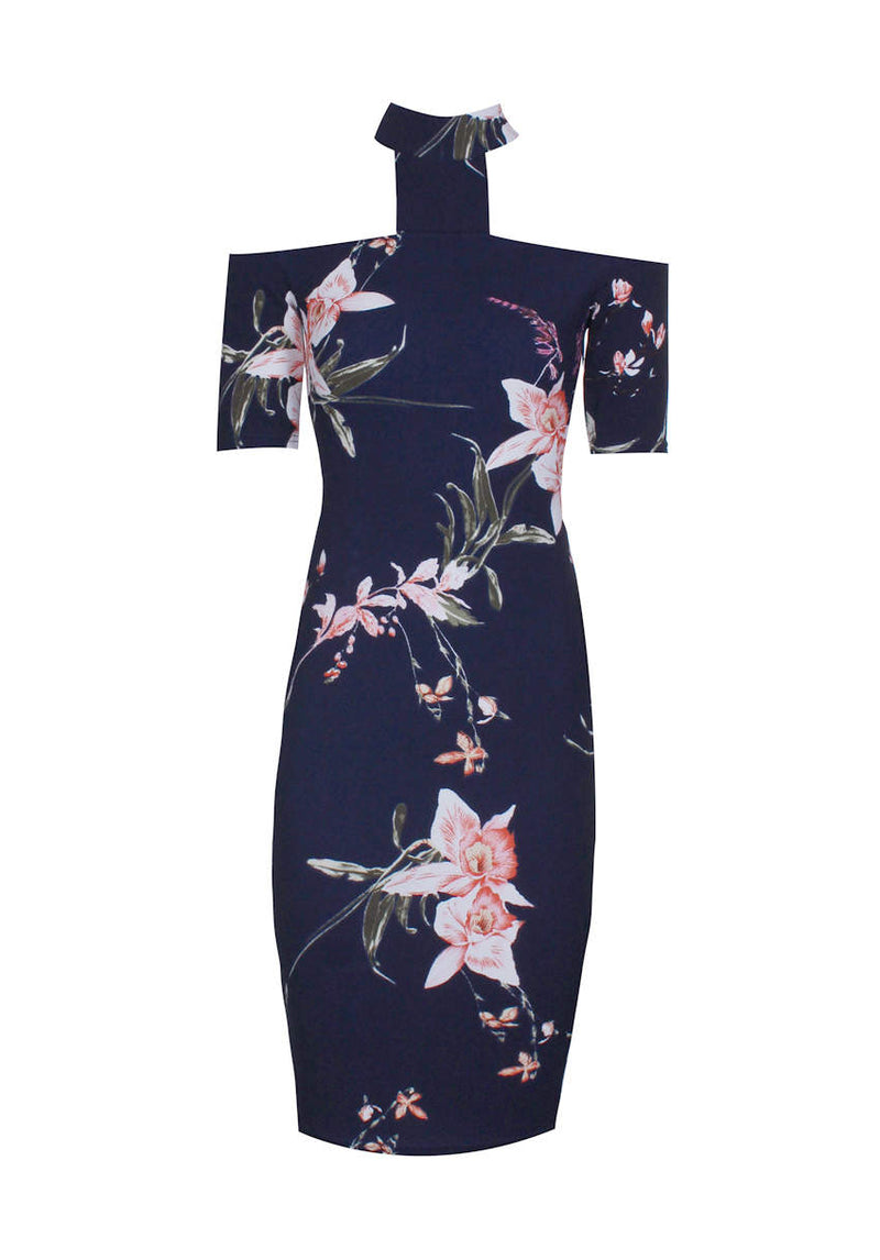 Navy Choker T-bar Floral Printed Midi Dress