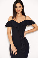 Navy Cold Shoulder Frill Detail Midi Dress