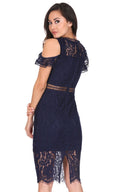 Navy Cold Shoulder Lace Midi Dress