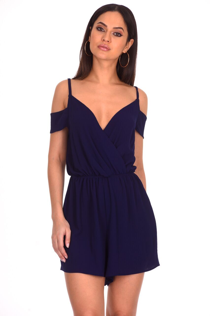 Navy Cold Shoulder Wrap Front Playsuit – AX Paris