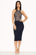 Navy Contrast Lace Top Midi Dress