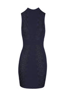Navy Crochet Detail High Neck Mini Dress