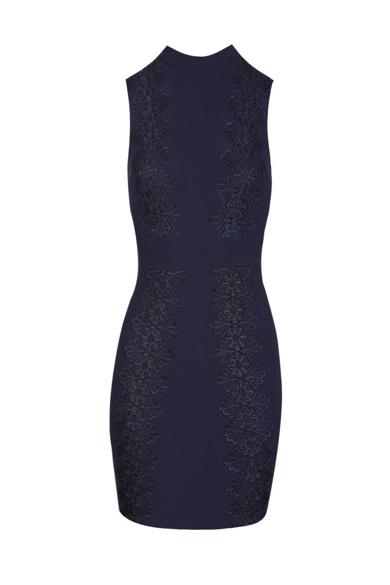 Navy Crochet Detail High Neck Mini Dress